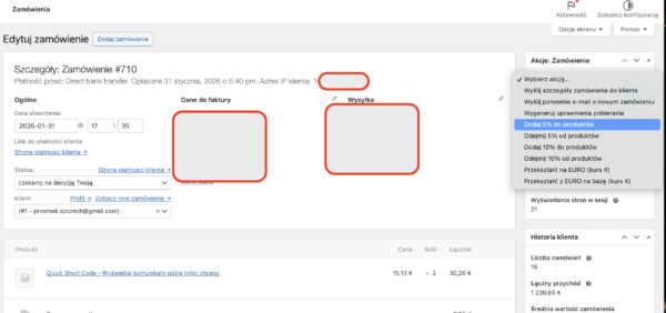 Quick Edit Orders for Woocommerce - dodaj lub odejmij %,  przewalutuj zamówienie