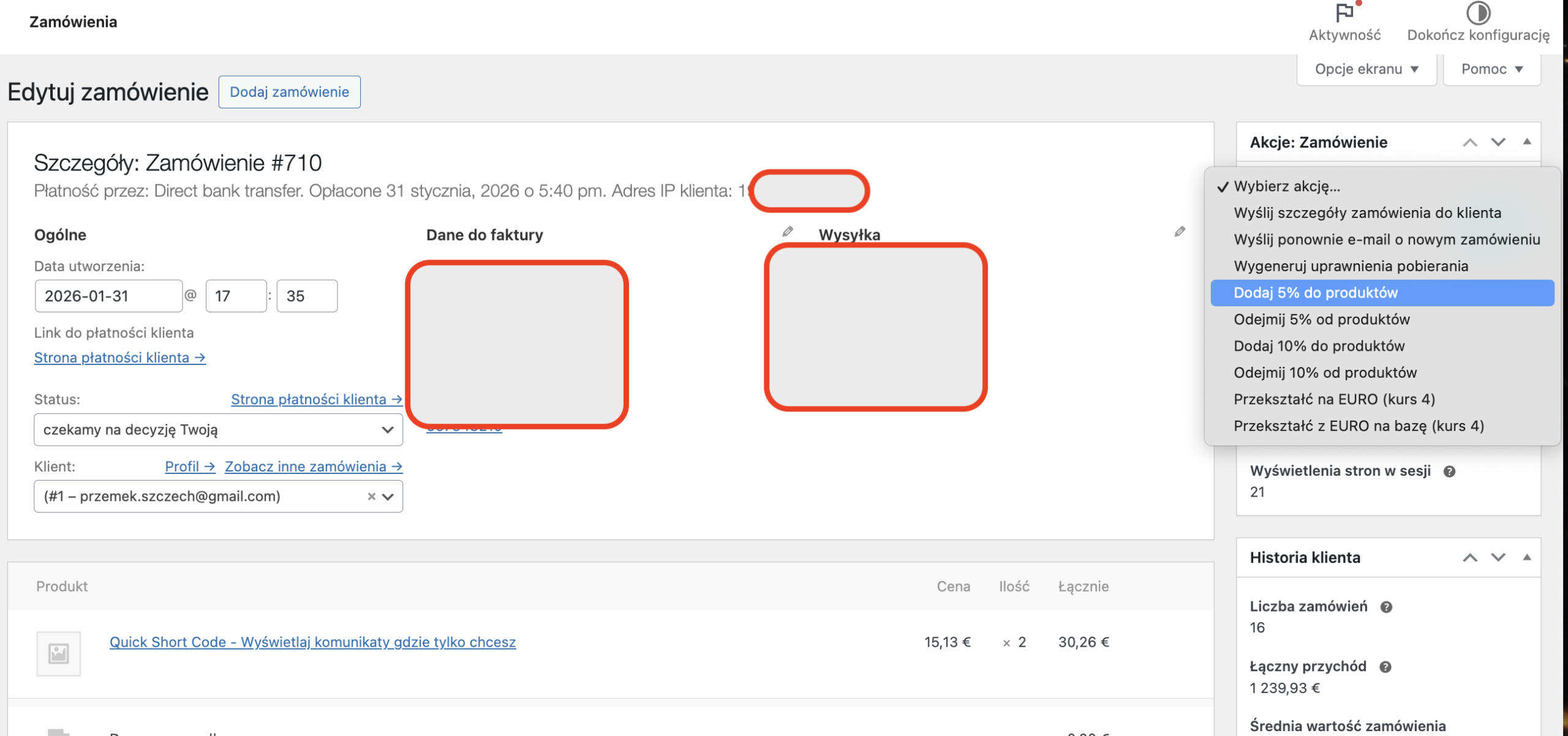 Quick Edit Orders for Woocommerce - dodaj lub odejmij %,  przewalutuj zamówienie - obrazek 1